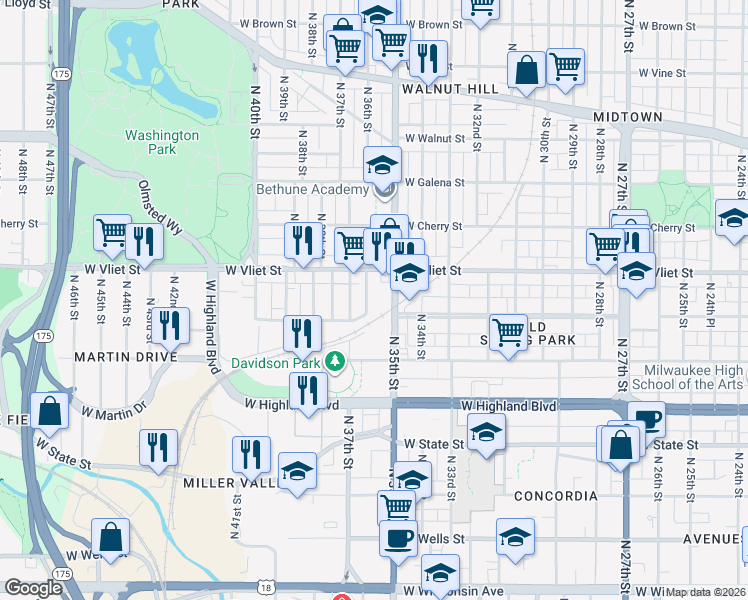 map of restaurants, bars, coffee shops, grocery stores, and more near 3525 West Vliet Street in Milwaukee