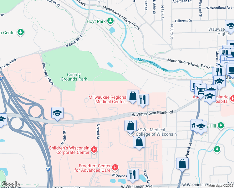 map of restaurants, bars, coffee shops, grocery stores, and more near 8624 West Watertown Plank Road in Wauwatosa