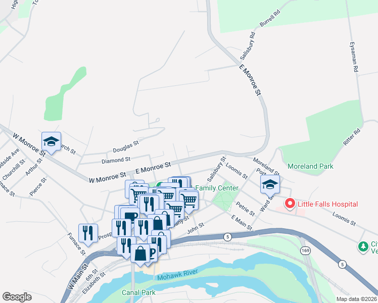 map of restaurants, bars, coffee shops, grocery stores, and more near 10 Catherine Street in Little Falls