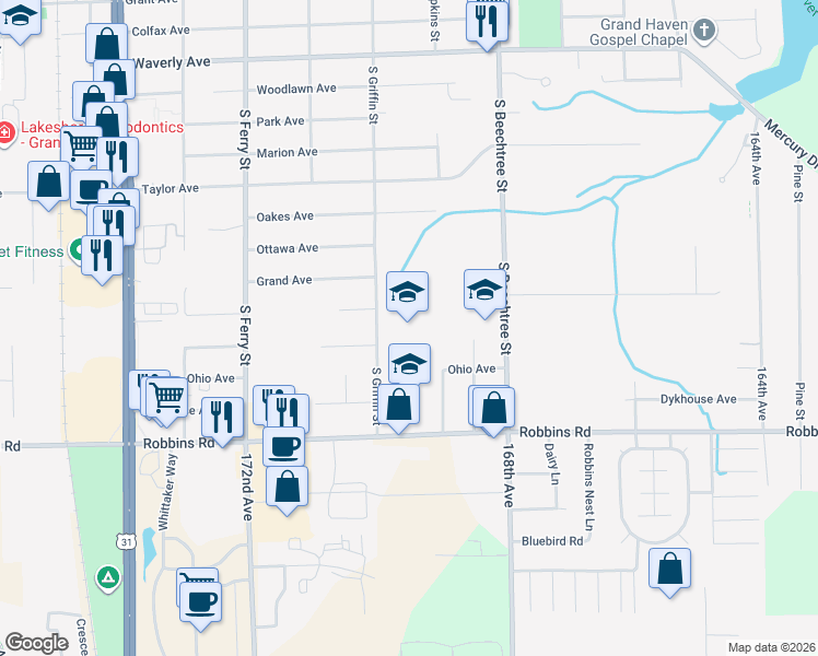map of restaurants, bars, coffee shops, grocery stores, and more near 1400 South Griffin Street in Grand Haven