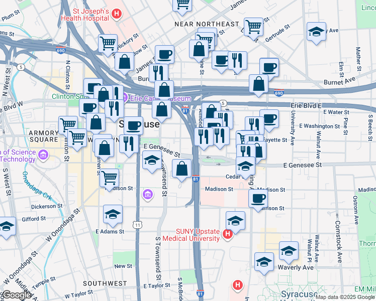 map of restaurants, bars, coffee shops, grocery stores, and more near in Syracuse