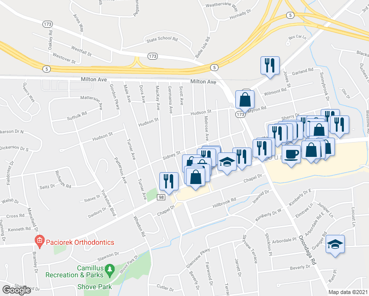 map of restaurants, bars, coffee shops, grocery stores, and more near 204 Scott Avenue in Syracuse