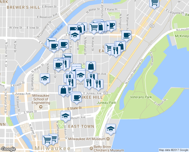 map of restaurants, bars, coffee shops, grocery stores, and more near 1009 East Ogden Avenue in Milwaukee
