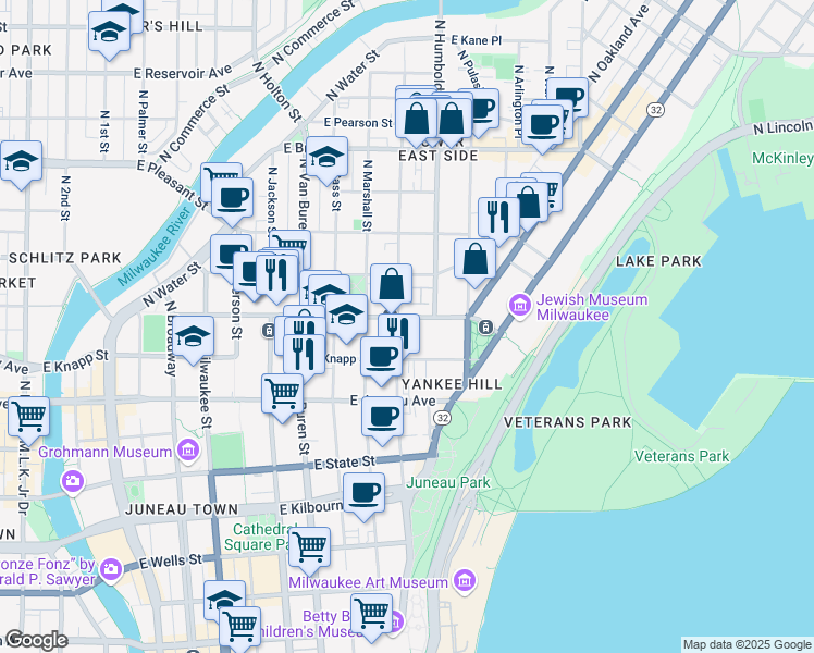 map of restaurants, bars, coffee shops, grocery stores, and more near 1009 East Ogden Avenue in Milwaukee