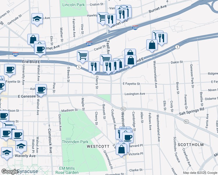 map of restaurants, bars, coffee shops, grocery stores, and more near 1619-21 East Fayette Street in Syracuse