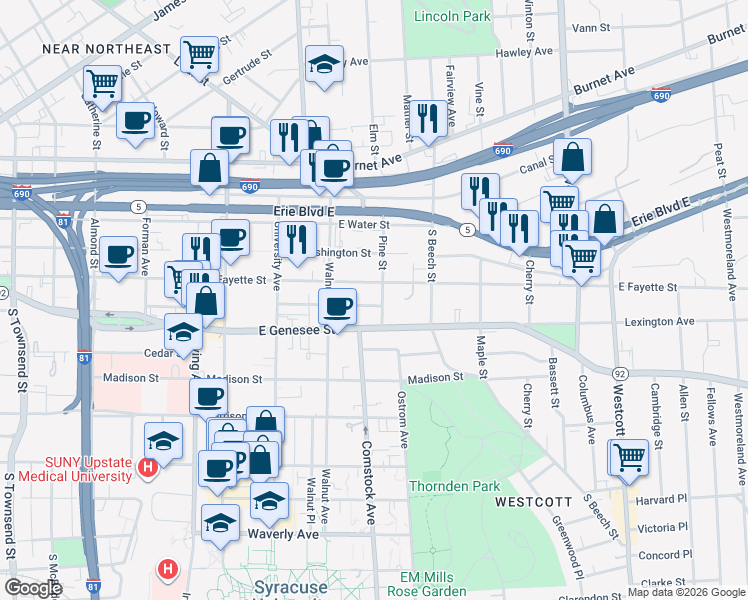 map of restaurants, bars, coffee shops, grocery stores, and more near in Syracuse