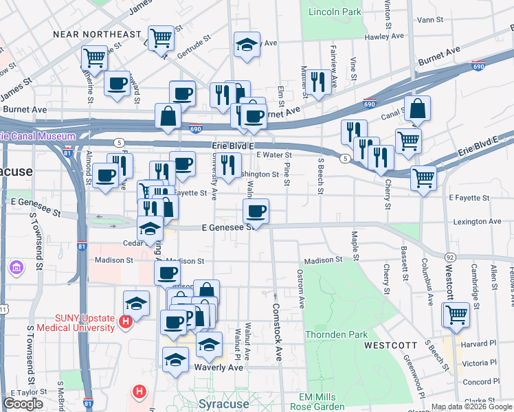 map of restaurants, bars, coffee shops, grocery stores, and more near 1212 East Fayette Street in Syracuse
