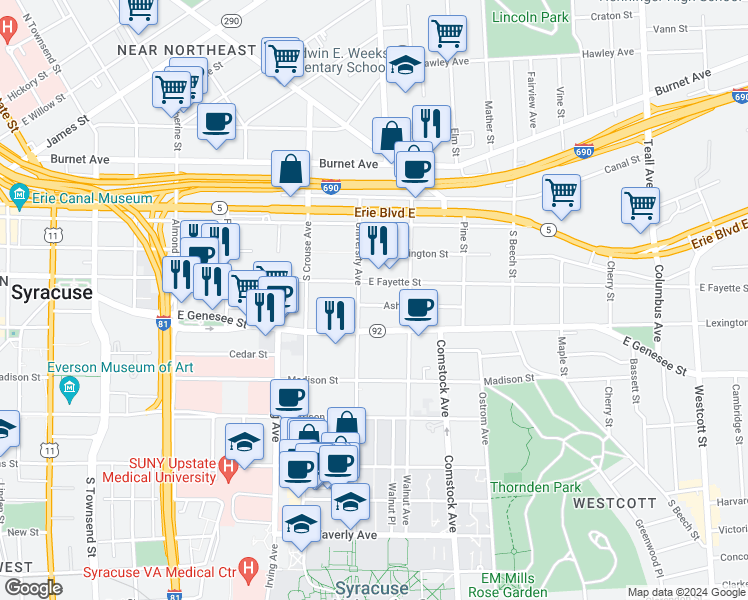 map of restaurants, bars, coffee shops, grocery stores, and more near 109 Ashworth Place in Syracuse