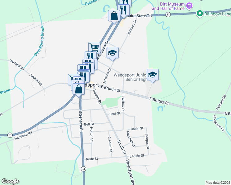 map of restaurants, bars, coffee shops, grocery stores, and more near 2761 East Brutus Street in Weedsport