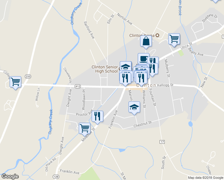 map of restaurants, bars, coffee shops, grocery stores, and more near 49 College Street in Clinton