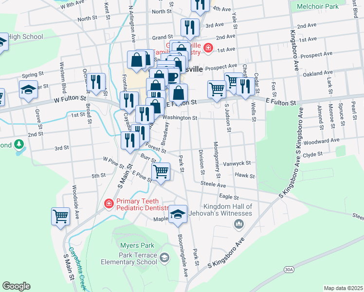 map of restaurants, bars, coffee shops, grocery stores, and more near 11-21 Broadway in Gloversville