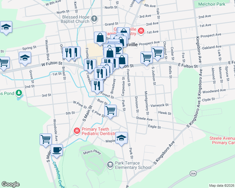 map of restaurants, bars, coffee shops, grocery stores, and more near 11-21 Broadway in Gloversville