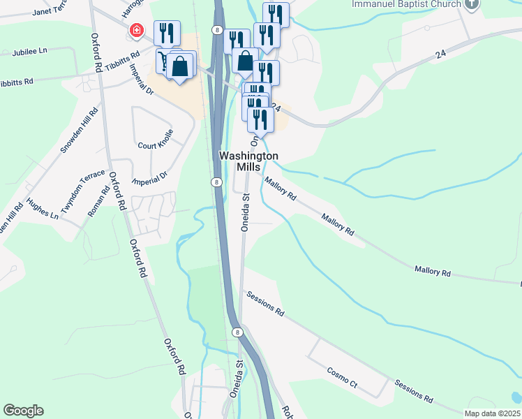 map of restaurants, bars, coffee shops, grocery stores, and more near 9312 Mallory Road in New Hartford