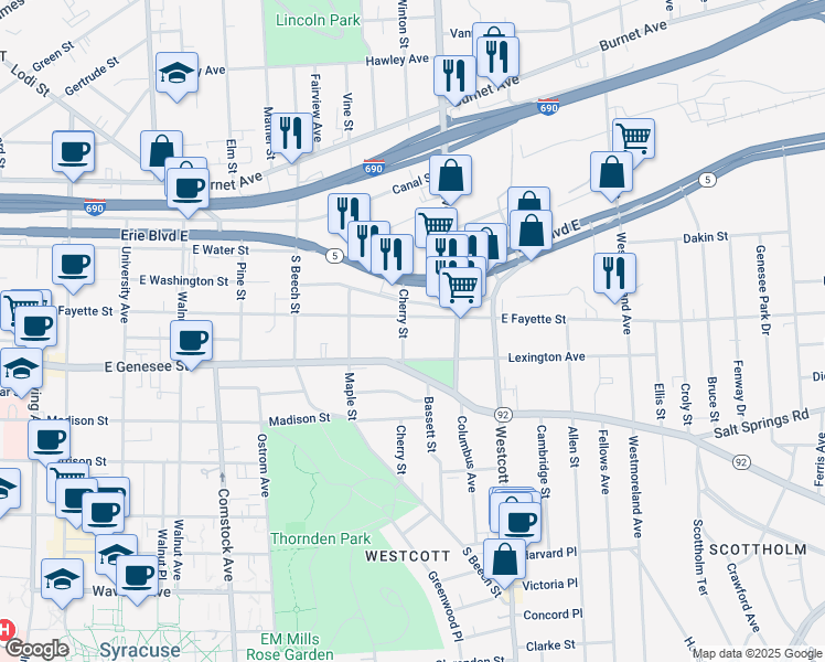 map of restaurants, bars, coffee shops, grocery stores, and more near 1525 East Fayette Street in Syracuse
