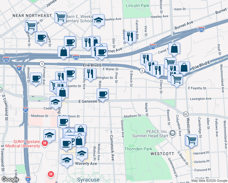 map of restaurants, bars, coffee shops, grocery stores, and more near in Syracuse