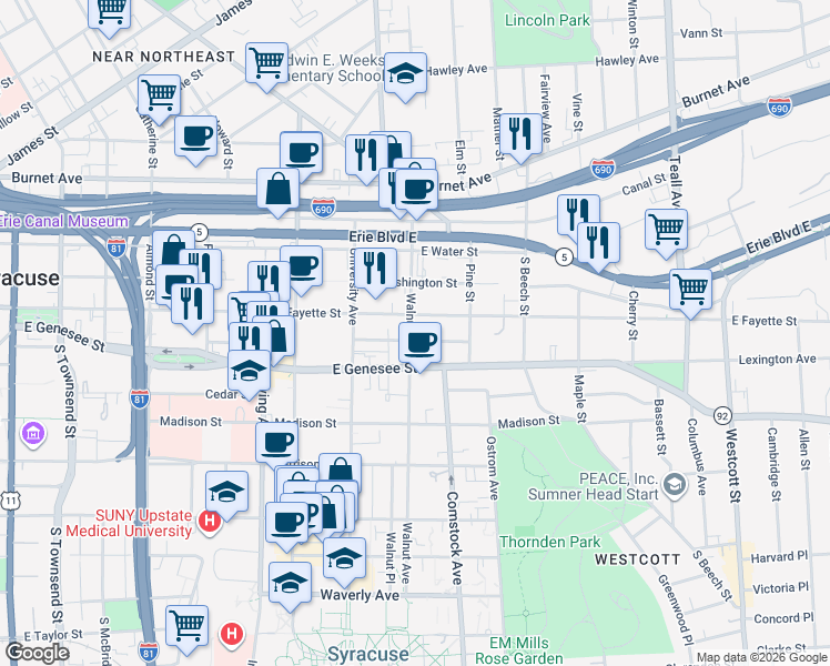 map of restaurants, bars, coffee shops, grocery stores, and more near 1125-27 East Fayette Street in Syracuse
