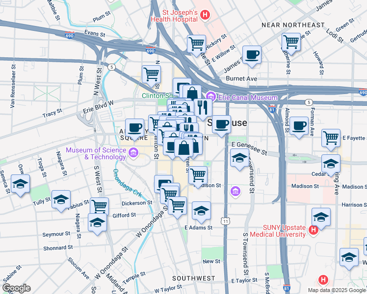 map of restaurants, bars, coffee shops, grocery stores, and more near in Syracuse