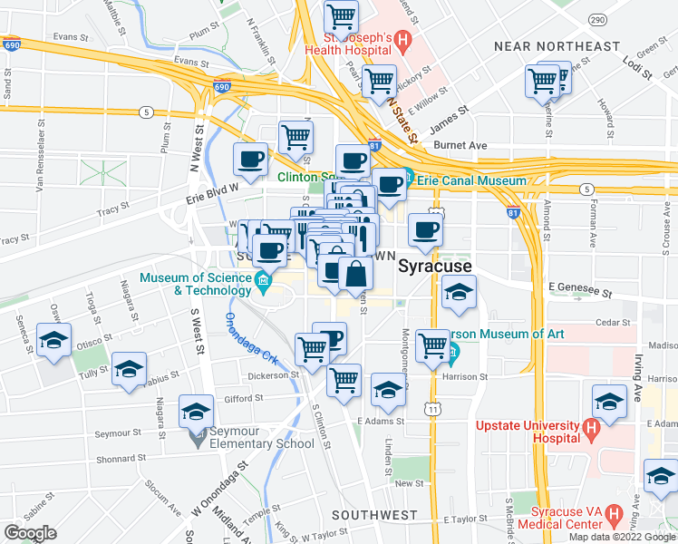 map of restaurants, bars, coffee shops, grocery stores, and more near 301 South Salina Street in Syracuse
