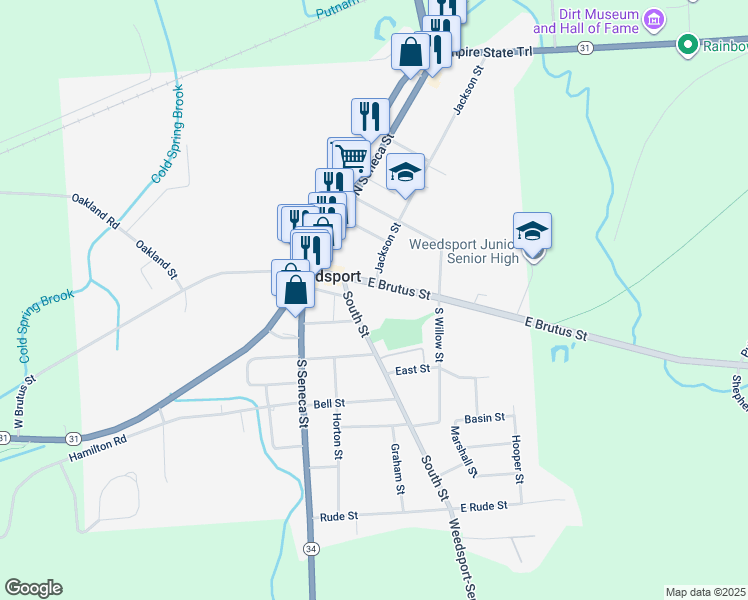 map of restaurants, bars, coffee shops, grocery stores, and more near 2731 East Brutus Street in Weedsport