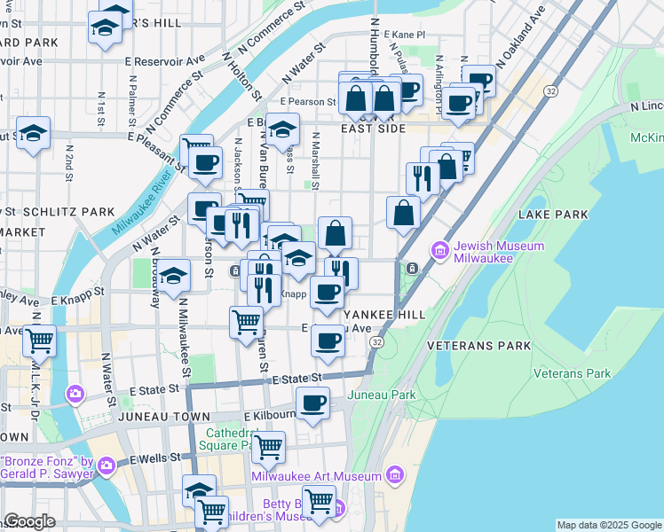 map of restaurants, bars, coffee shops, grocery stores, and more near 1415 North Astor Street in Milwaukee
