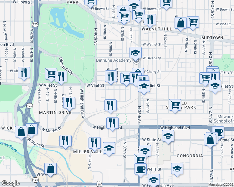 map of restaurants, bars, coffee shops, grocery stores, and more near 3711 West Vliet Street in Milwaukee