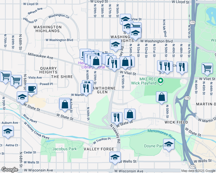 map of restaurants, bars, coffee shops, grocery stores, and more near 1342 North 57th Street in Milwaukee