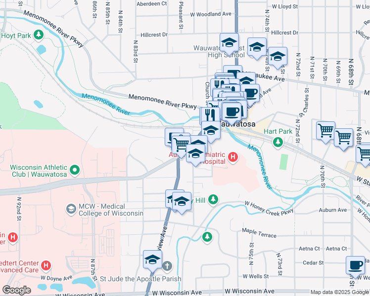 map of restaurants, bars, coffee shops, grocery stores, and more near 7930 Harwood Avenue in Wauwatosa