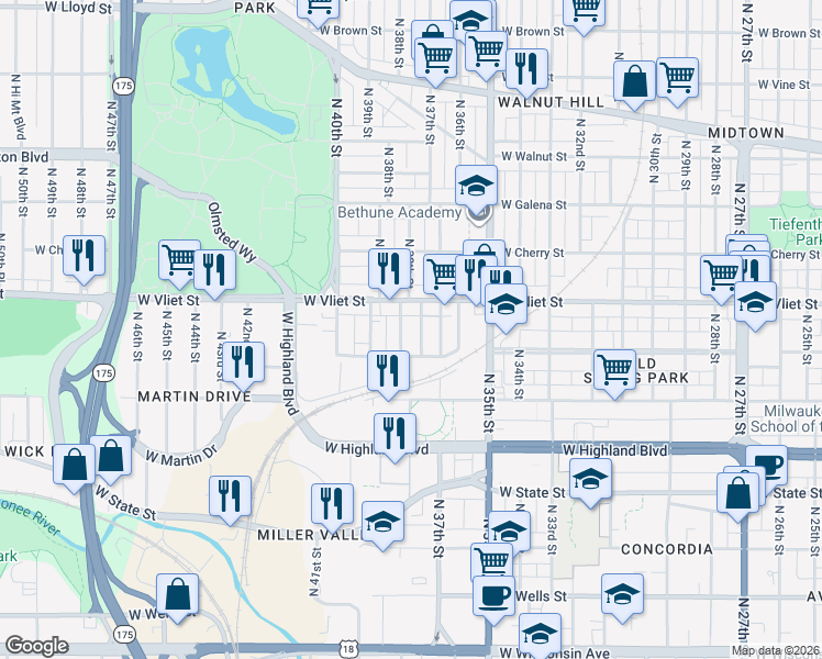 map of restaurants, bars, coffee shops, grocery stores, and more near 3711 West Vliet Street in Milwaukee