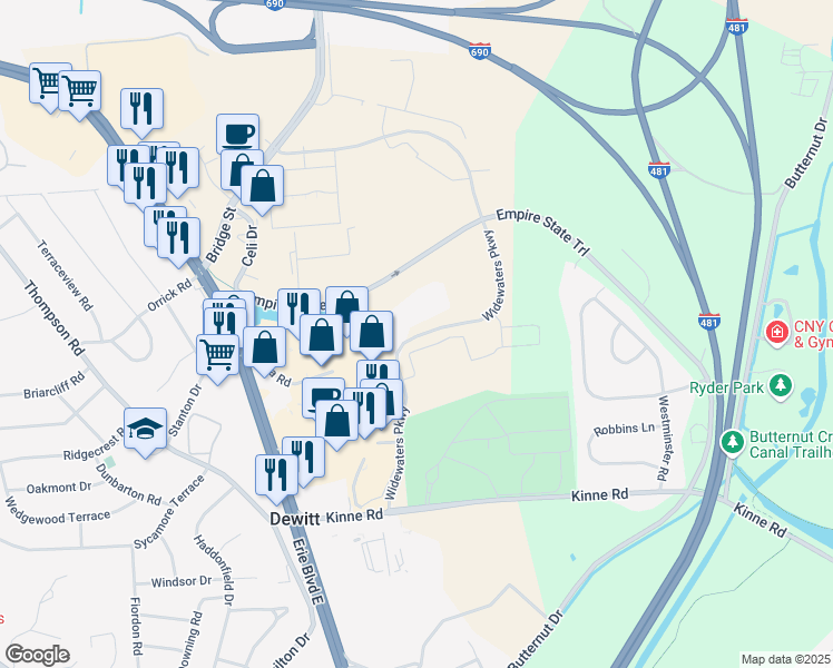 map of restaurants, bars, coffee shops, grocery stores, and more near 5789 Widewaters Parkway in Syracuse