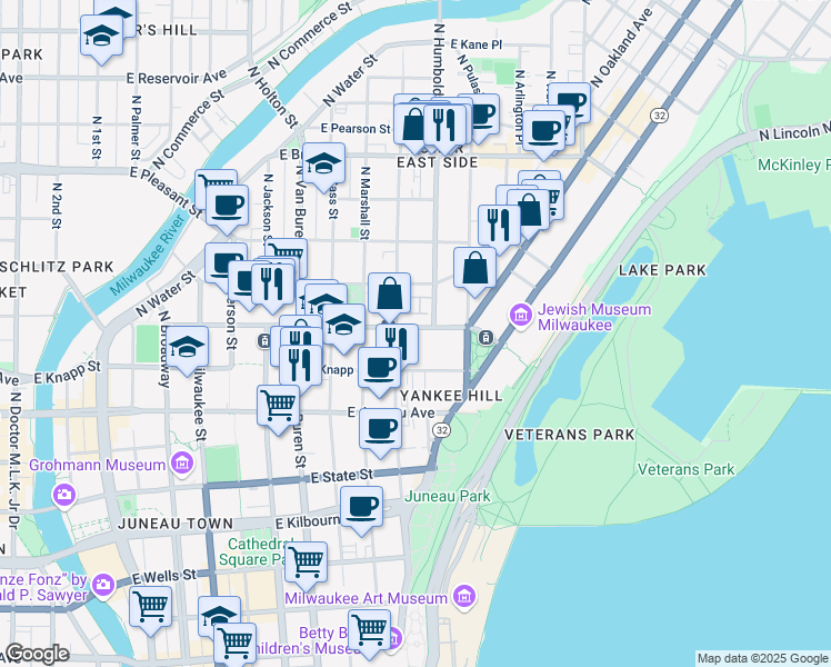 map of restaurants, bars, coffee shops, grocery stores, and more near 1019 East Ogden Avenue in Milwaukee