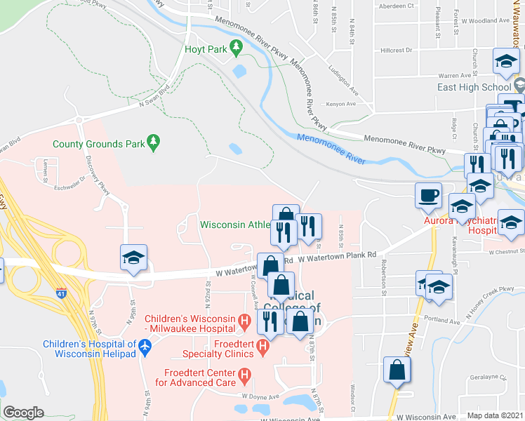 map of restaurants, bars, coffee shops, grocery stores, and more near 8624 West Watertown Plank Road in Wauwatosa