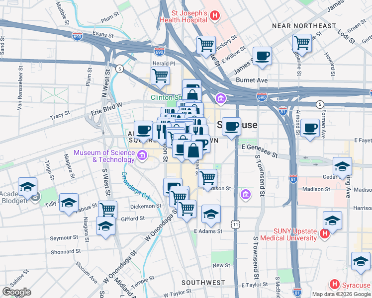 map of restaurants, bars, coffee shops, grocery stores, and more near 325 South Salina Street in Syracuse