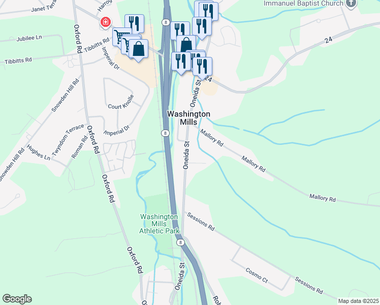 map of restaurants, bars, coffee shops, grocery stores, and more near 3834-3836 Oneida Street in New Hartford