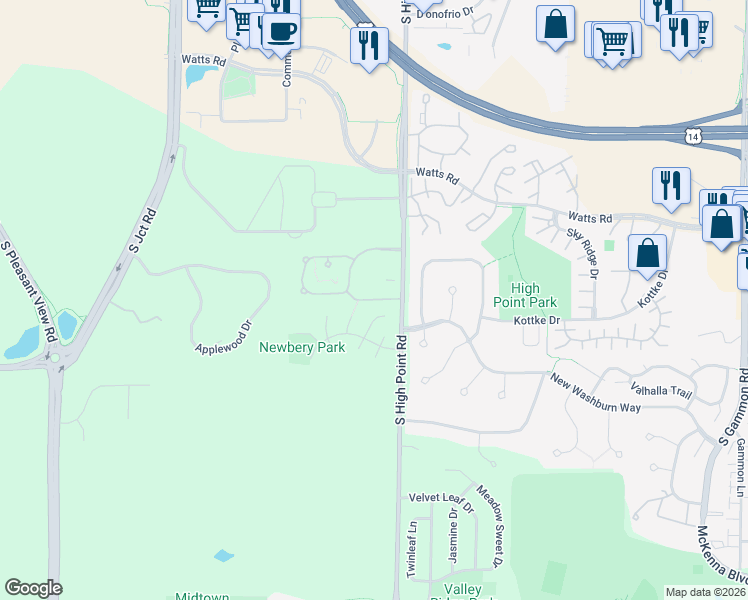 map of restaurants, bars, coffee shops, grocery stores, and more near Briarcliff Circle in Madison