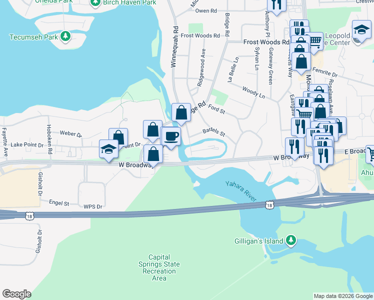 map of restaurants, bars, coffee shops, grocery stores, and more near 6405 Winnequah Road in Monona
