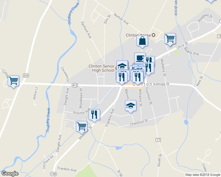 map of restaurants, bars, coffee shops, grocery stores, and more near 47 College Street in Clinton