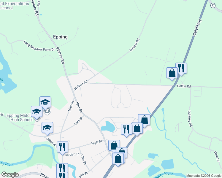 map of restaurants, bars, coffee shops, grocery stores, and more near 26 Fogg Road in Epping