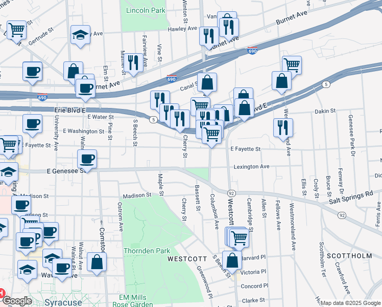 map of restaurants, bars, coffee shops, grocery stores, and more near 1525 East Fayette Street in Syracuse