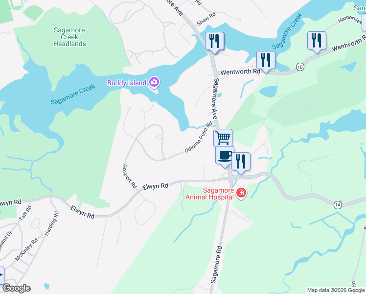 map of restaurants, bars, coffee shops, grocery stores, and more near 94 Odiorne Point Road in Portsmouth
