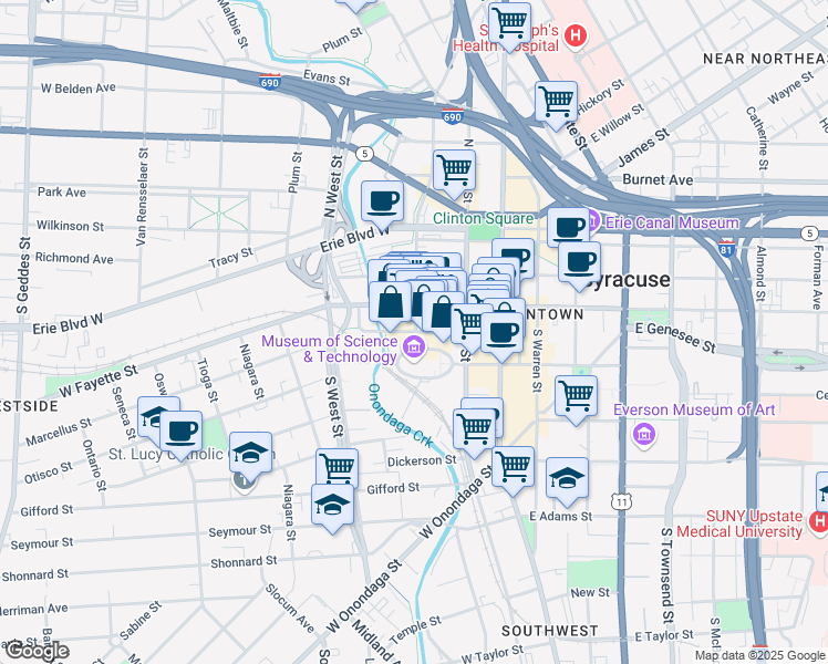 map of restaurants, bars, coffee shops, grocery stores, and more near 200 Walton Street in Syracuse