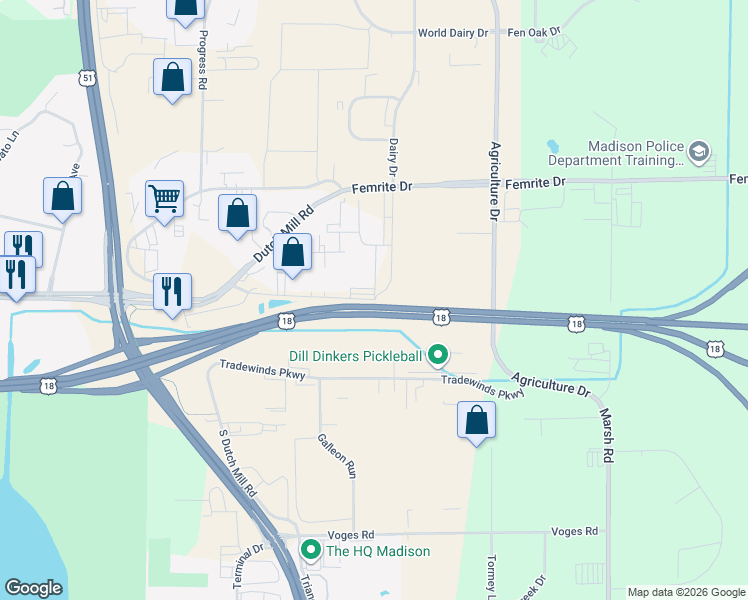 map of restaurants, bars, coffee shops, grocery stores, and more near 6701 East Broadway in Madison
