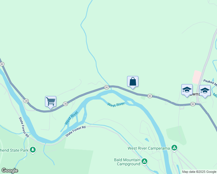 map of restaurants, bars, coffee shops, grocery stores, and more near Vermont 30 in Townshend