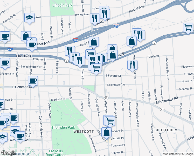 map of restaurants, bars, coffee shops, grocery stores, and more near 1709 East Fayette Street in Syracuse