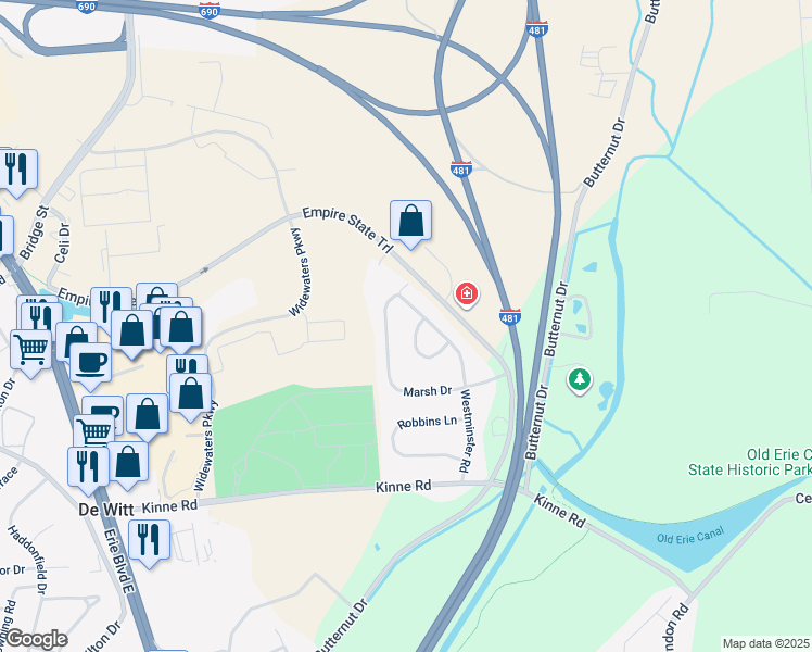 map of restaurants, bars, coffee shops, grocery stores, and more near 325 Westminster Road in Syracuse