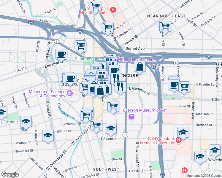 map of restaurants, bars, coffee shops, grocery stores, and more near 320 Montgomery Street in Syracuse