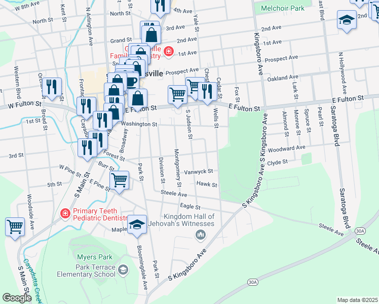 map of restaurants, bars, coffee shops, grocery stores, and more near 50 South Judson Street in Gloversville