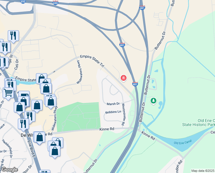 map of restaurants, bars, coffee shops, grocery stores, and more near 325 Westminster Road in Syracuse