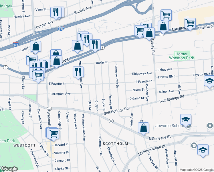 map of restaurants, bars, coffee shops, grocery stores, and more near 2301 East Fayette Street in Syracuse