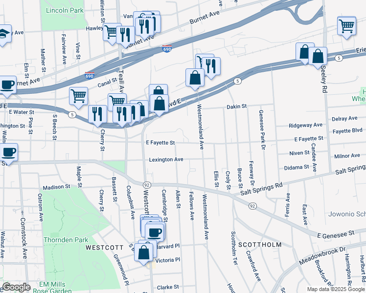 map of restaurants, bars, coffee shops, grocery stores, and more near 1939 East Fayette Street in Syracuse