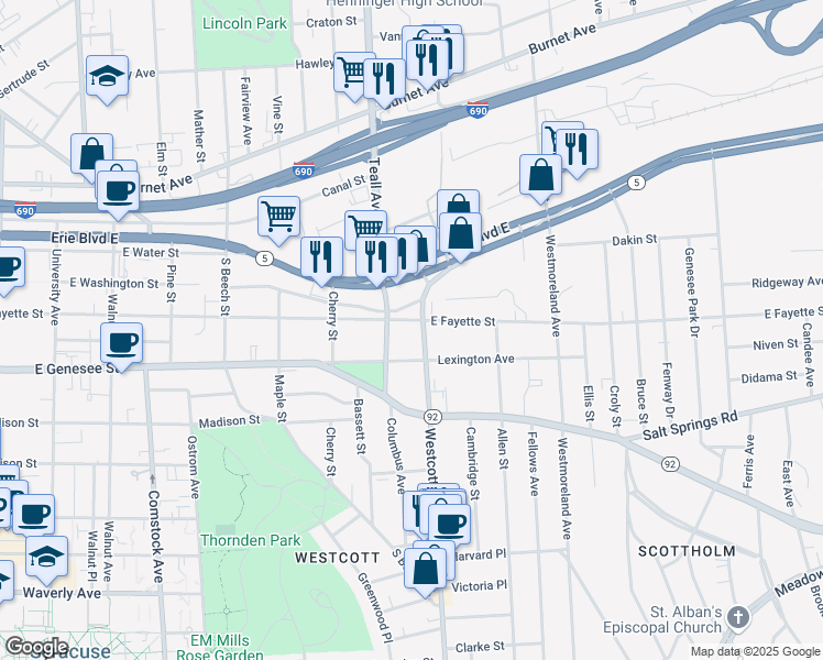 map of restaurants, bars, coffee shops, grocery stores, and more near 1709 East Fayette Street in Syracuse